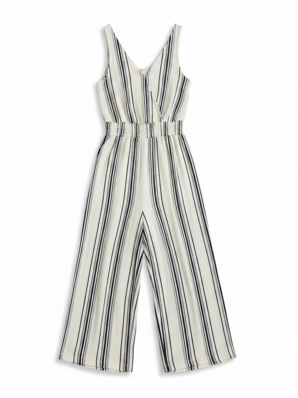 Love Tree Ivory and Navy Striped V-Neck Wide-Leg Jumpsuit